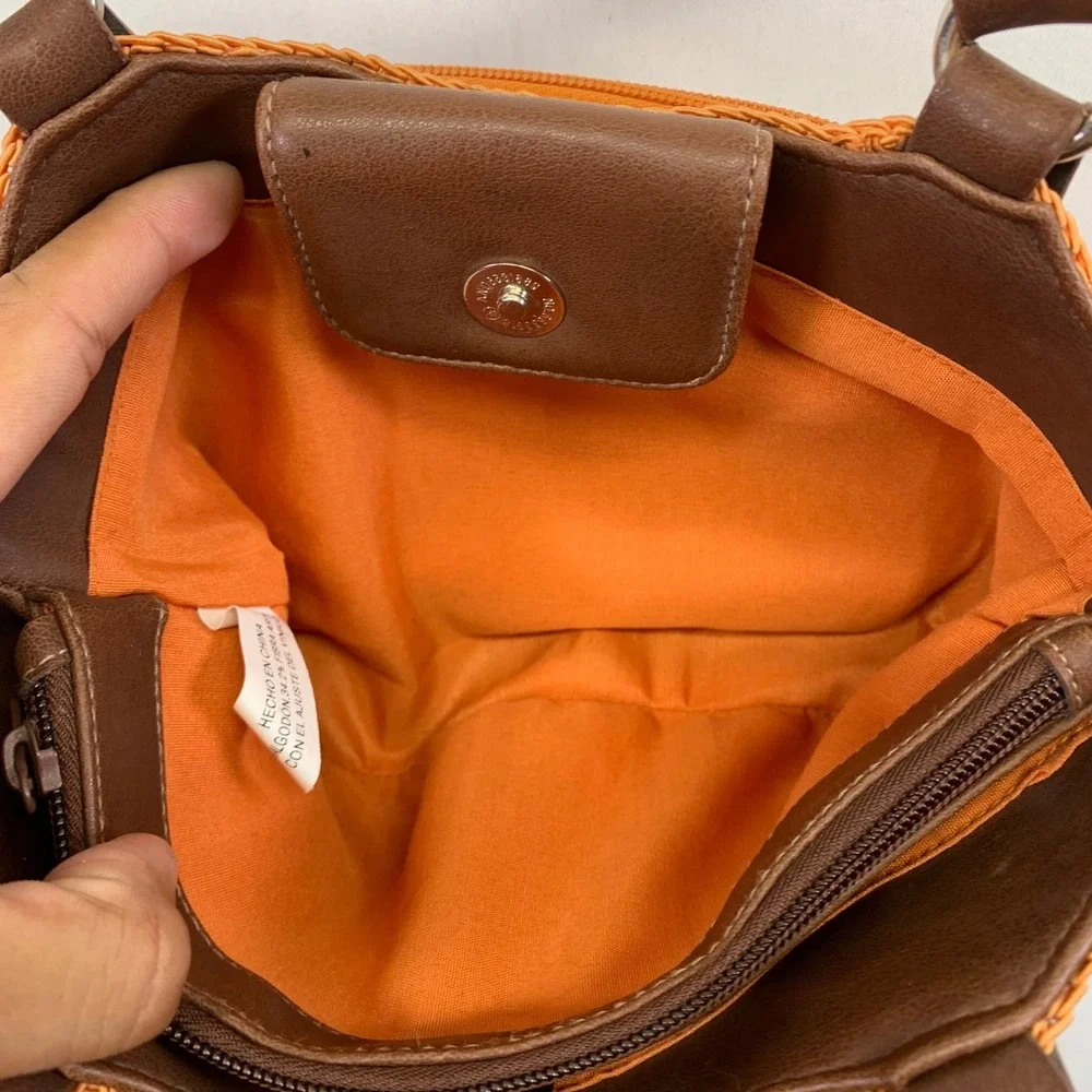 Rosetti Orange Woven Satchel Bag Purse Brown Faux Leather‎ Handle Small